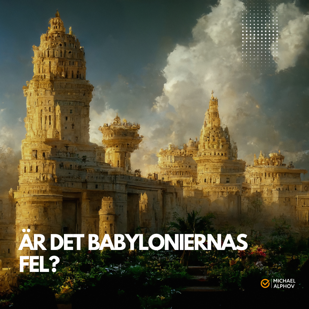 Ett dramatiskt gyllene tempelkomplex i babylonisk stil med höga torn under en dramatisk himmel. Texten "Är det Babyloniernas fel?" står i vitt nere till vänster och Michael Alphovs logotyp finns nere till höger.