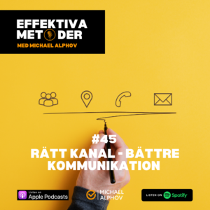 Hand som ritar en linje mellan olika kommunikationsikoner som möte, plats, telefon och mail med texten “Rätt kanal – bättre kommunikation”.